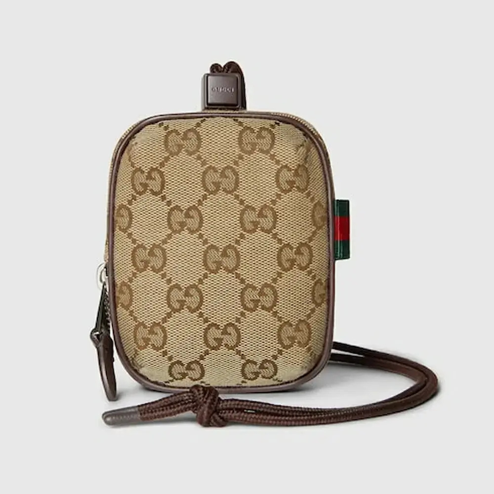 Gucci GG Supreme Canvas Leather Trim Web Tassel Phone Crossbody Bag Tan Brown